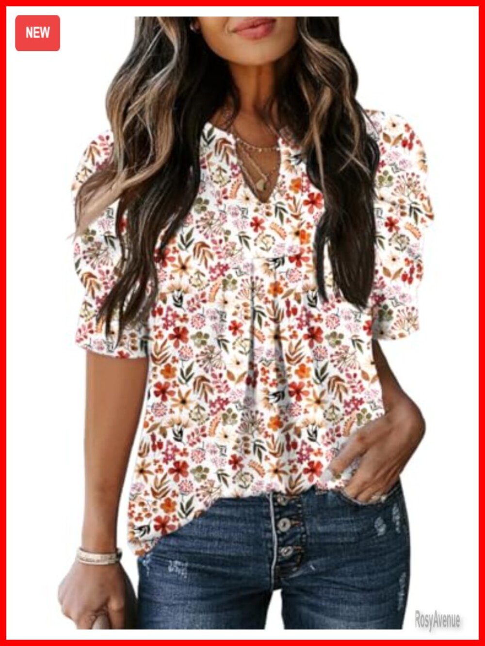 Puff Sleeve V Neck Blouse Loose Fit Floral Summer Top Stretchy Lightweight